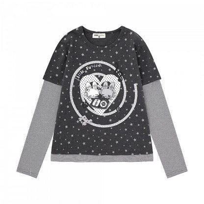 Otaku Style Gray Two-Piece Look Round Neck Long Sleeve Shirt with Bunny & Star Motif - Languid Park