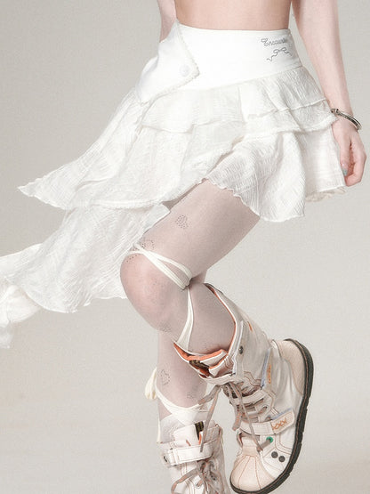 Hem Tiered Asymmetrical Skirt Letter Decorated Bowknot White Rhinestone And