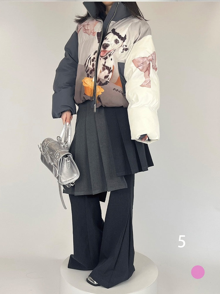 Jacket with Dog Stand Collar Zip-Up Gray Dark Print Spot