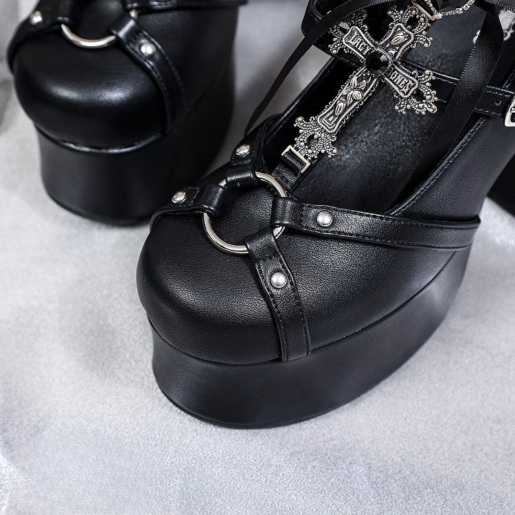 Lace-Up - Platform Heart Detachable Back with Rhinestone Black at Gothic Janes Charm Cross Bow Mary