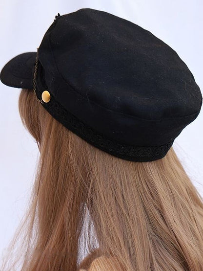 Badge Beret Military Chain Lolita Black