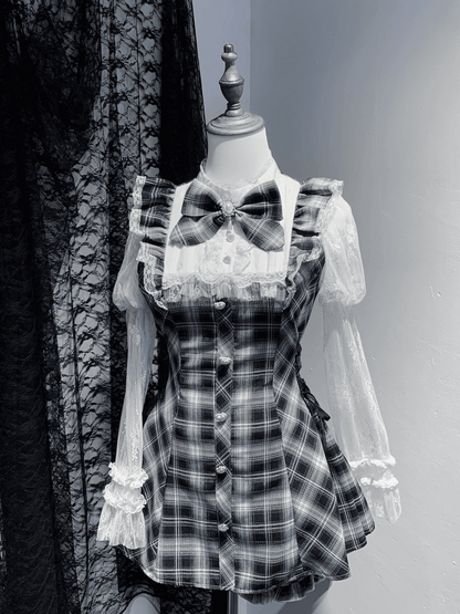 in White Blue/Black Top Light Jirai Juliet Kei Plaid Matching Set: Shorts and Sleeve