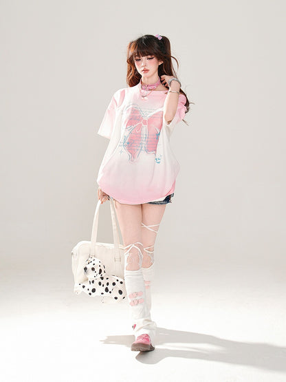 Butterfly Rose Pink/Pink/Grau Lockeres Schulter-T-Shirt Print Ombre Cutout