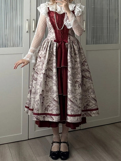 Animals and Bodice Elegant Forest with Corset Print Lolita Dress Red