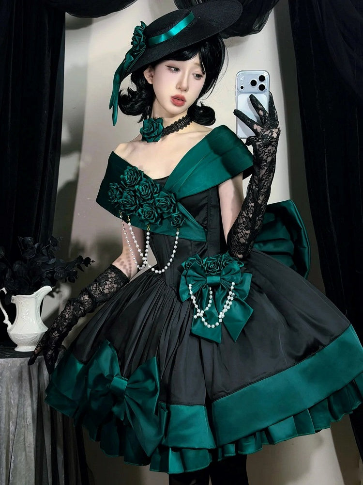 Green Black Off-Shoulder Boned Lolita Gown - Treasure Box Factory