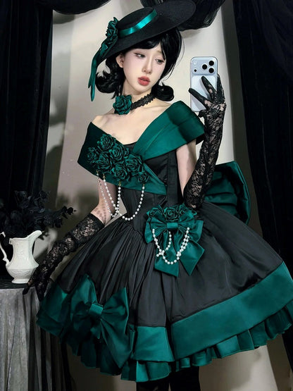 Green Black Off-Shoulder Boned Lolita Gown - Treasure Box Factory