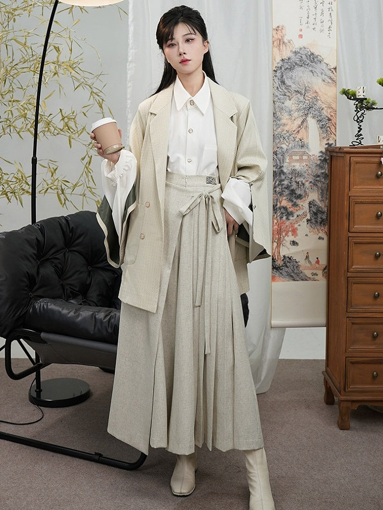 Unisex Gothic Front Cheongsam Notched Blazer Button Placket Beige Design with Collar