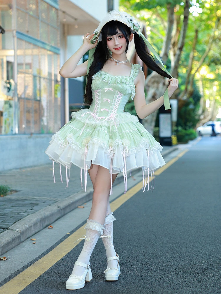 Fairy Light Green Boned Corset Waist Dress - Princess Lolita Jumper Skirt with Flowers - DevilInspired Exclusive Collection