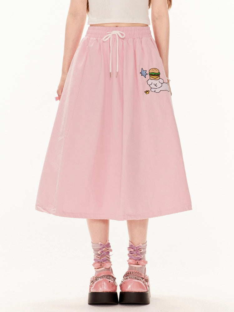 スカート Aライン ピンク ドローストリングウエスト かわいい子犬の刺繍