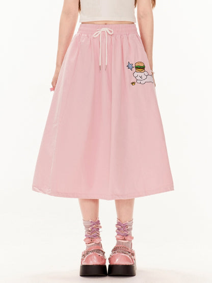 スカート Aライン ピンク ドローストリングウエスト かわいい子犬の刺繍