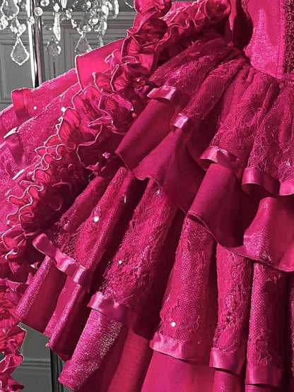 Barbie Boning Tiered Ruffle Roses Pailletten Hot Pink Kleid Goth Ausschnitt Lolita