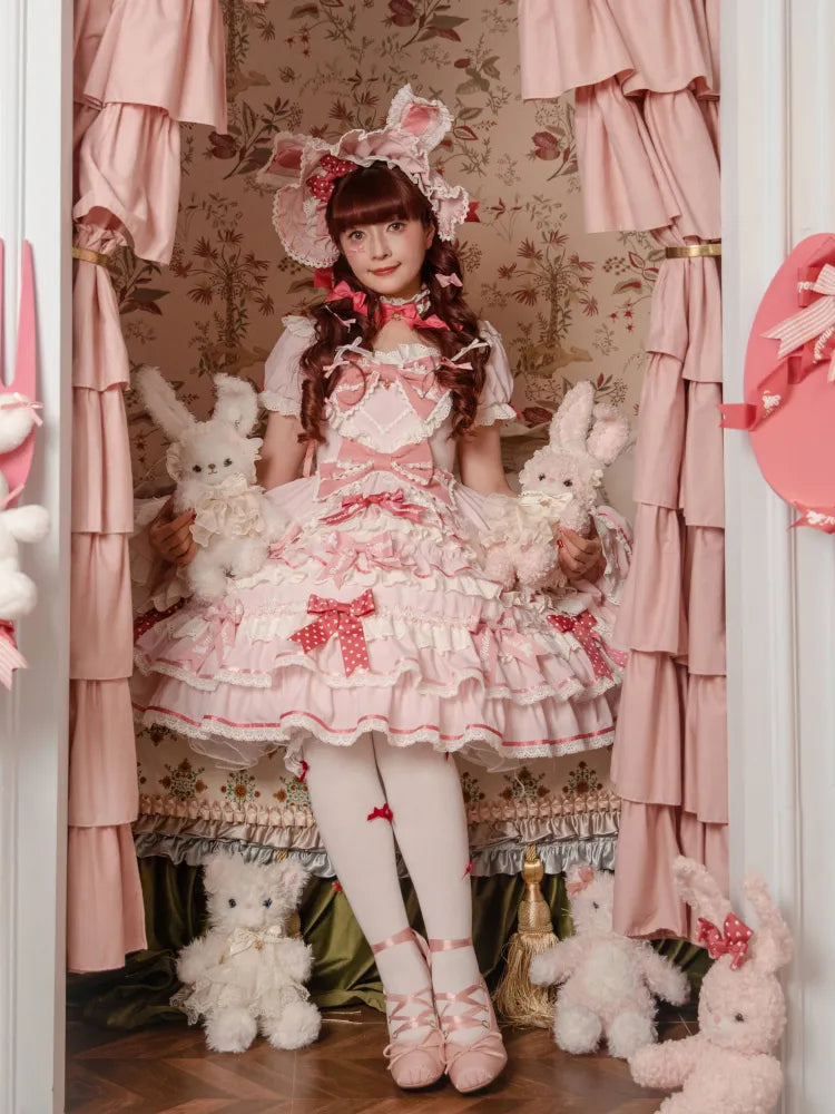 Rüschen Akzente Schleife Süßes Thema Hase Stück Ein Kleid Prinzessin Pink Lolita