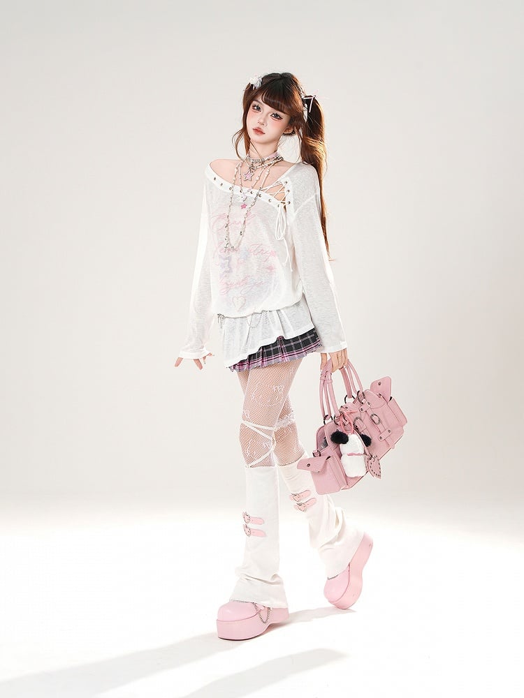 Lace-up Asymmetrical Neckline Blue/White Semi-sheer Coverup