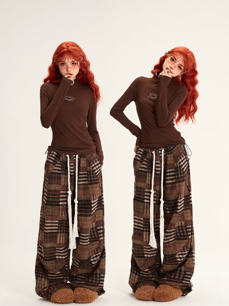 Patchwork-Kordelzug mit Hosenbund Plaid Braun