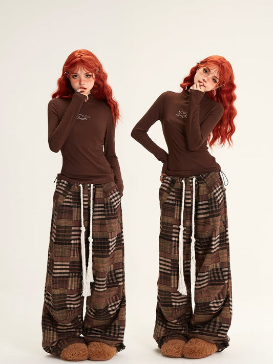 Patchwork Drawstring with Pants Waist Plaid Brown