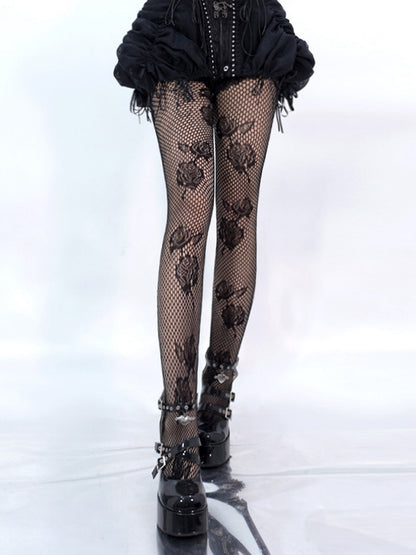 ブラックゴシックロゼット花柄網タイツ