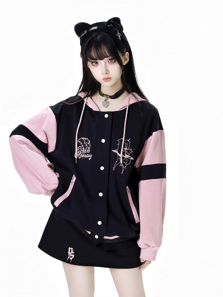 Schwarze und rosa Baseballjacke mit Kapuze, kurze/lange Version