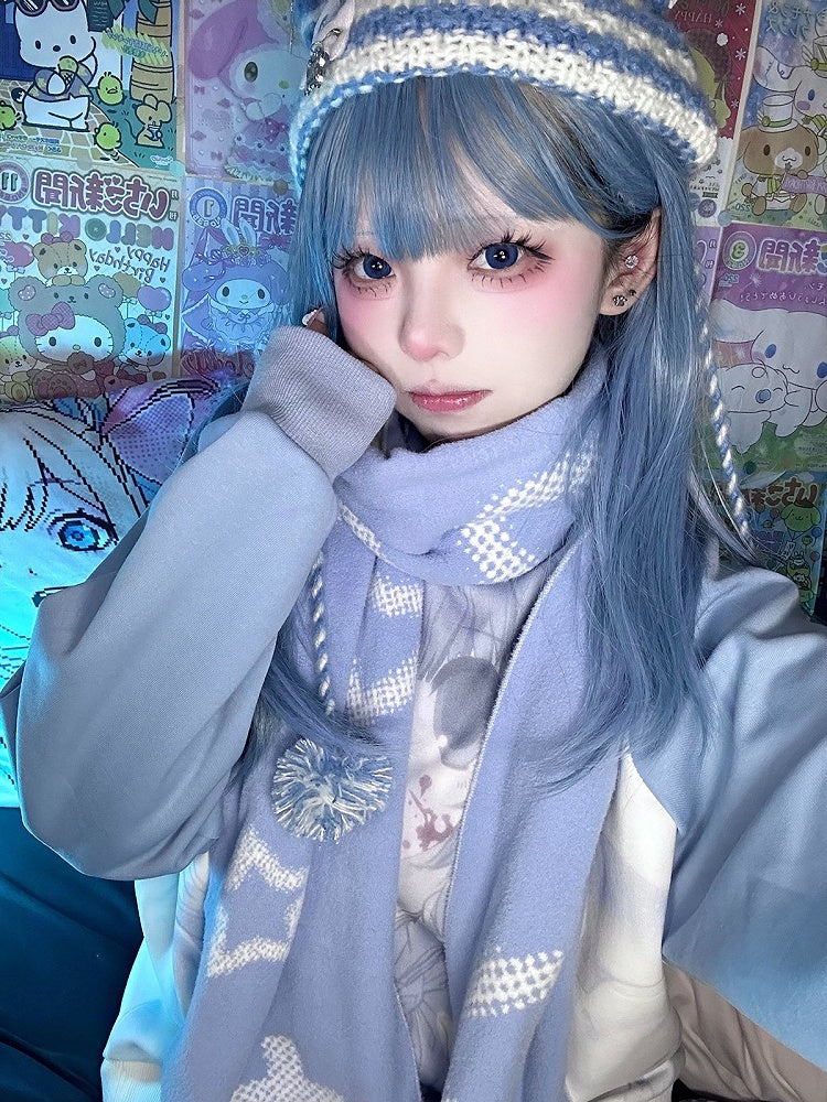 White-Blue Reversible Scarf with Star & Heart Knit - Alita26SS