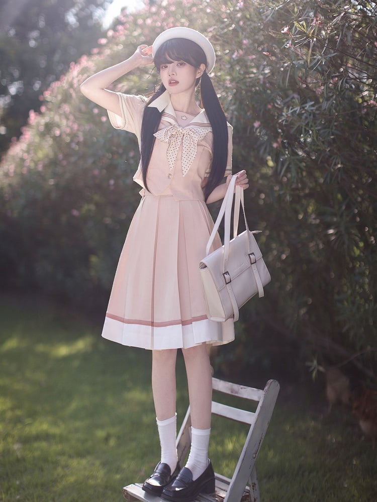 Sleeves Sweet Beige Embroidery Short Collar Sakura Top with Pink Sailor