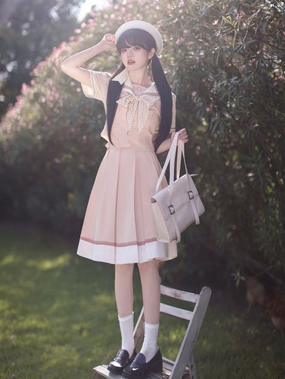 Sleeves Sweet Beige Embroidery Short Collar Sakura Top with Pink Sailor