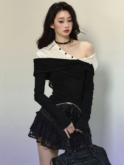 Black and White Fake Two-piece Asymmetrical Neckline Top