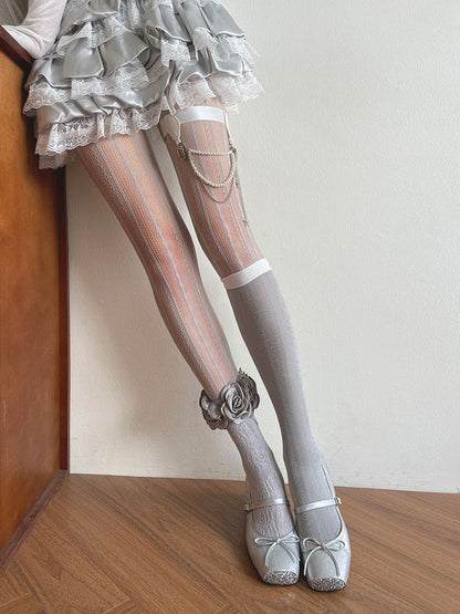 and Beaded Charms/Floral Underknee Trims Hollow-out Socks/Gray Stockings Tights/Leg Gray Star-shaped with strands Loop Semi-sheer