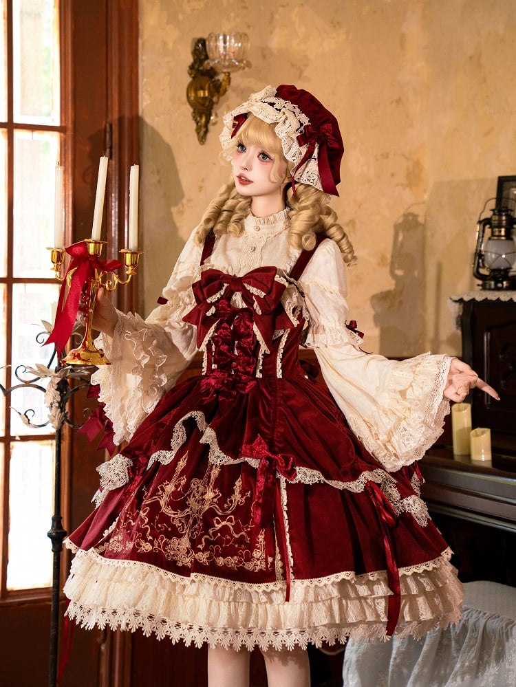 Stickerei Samtkleid Lolita / Rote Dekoration Kerze JSK Schleifen