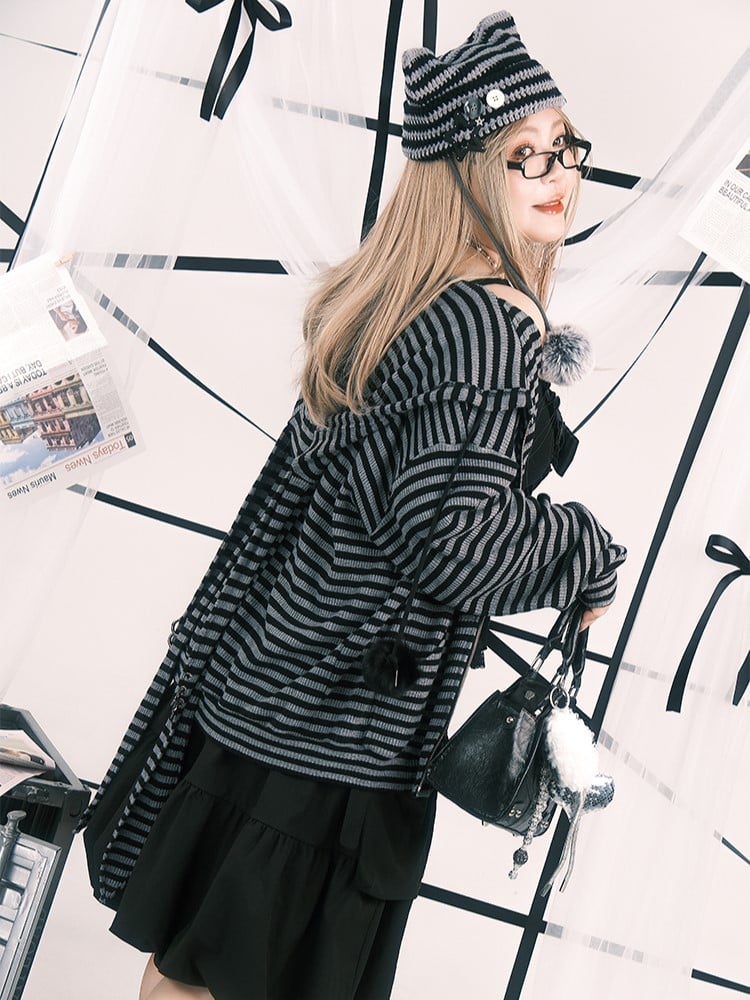 Plus Black Size Drawstrings Pompon Jacket Hoodie Stripes with Bunny Gray