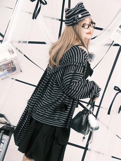 Plus Black Size Drawstrings Pompon Jacket Hoodie Stripes with Bunny Gray