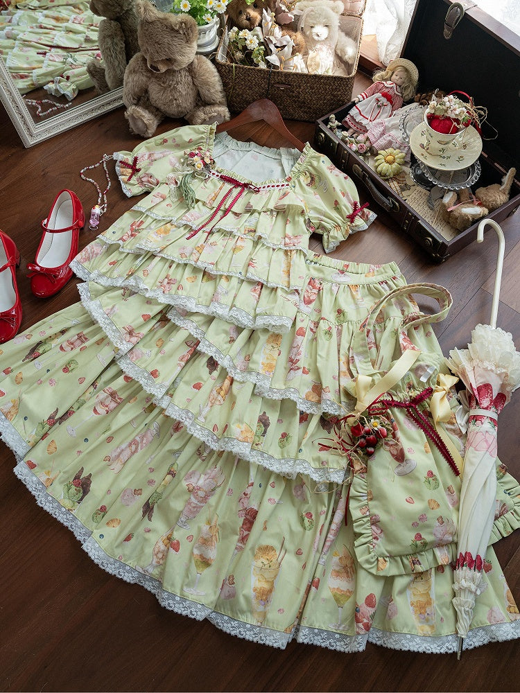 Rock Print Fruit Lolita Sweet and Green Tiered Dessert