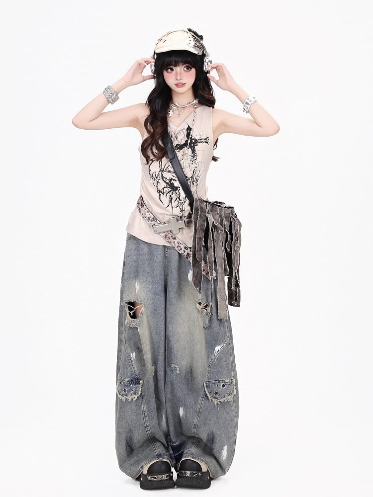 Apricot Y2K Tank Top with Spider and Thorn Print and Rivets - CRAZY GIRL