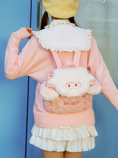 Diamond Letter Lamb Backpack Flap WhitePink Embroidery Plush Pattern