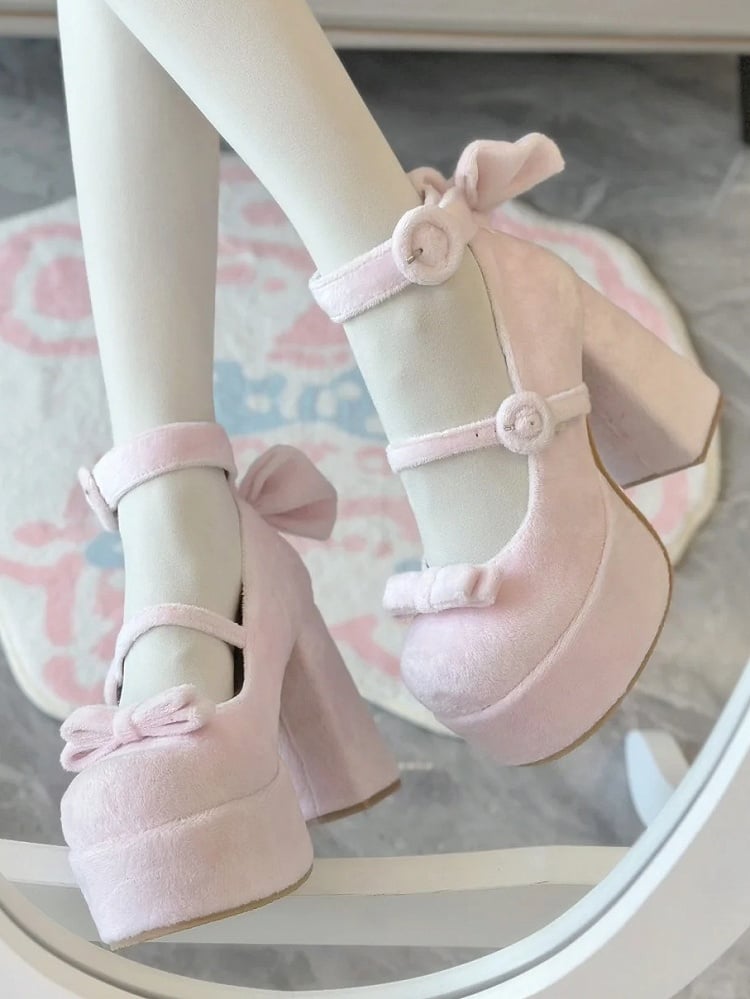 Shoes Velvet Clasp with Elegant Detachable Circle Lolita Bow Pink
