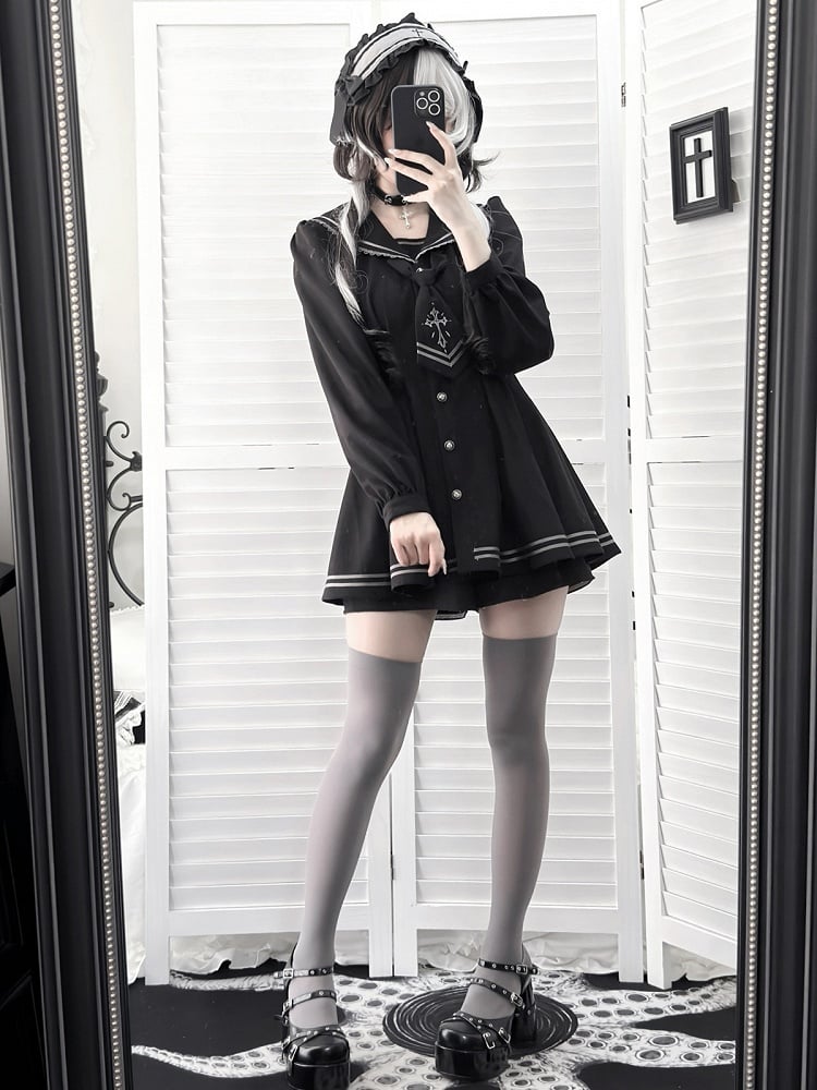 Sailor Collar Dress Set with Shorts and Tie - Ekomi