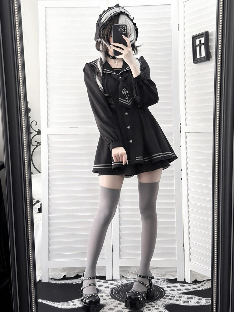 Black Sailor-Collar Dress Set with Bow Tie & Shorts - Ekomi
