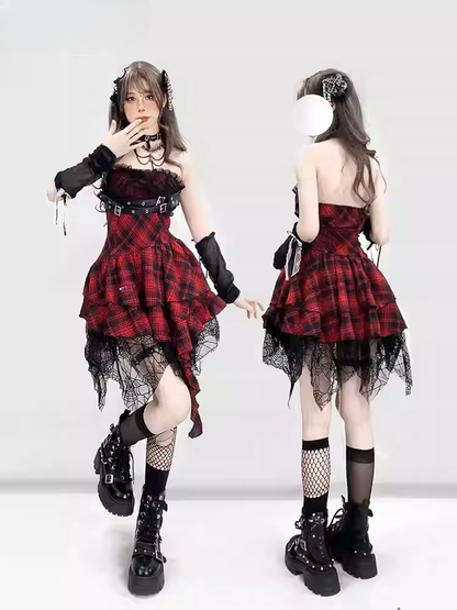 Red Plaid Handkerchief Hem Buckle Straps Strapless Glamorous Punk Dress