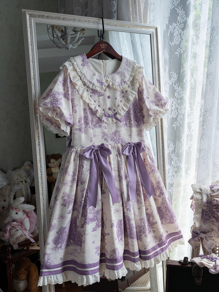 Purple Sleeves Lolita Dress Collar Peter Print Grapes Short Pan