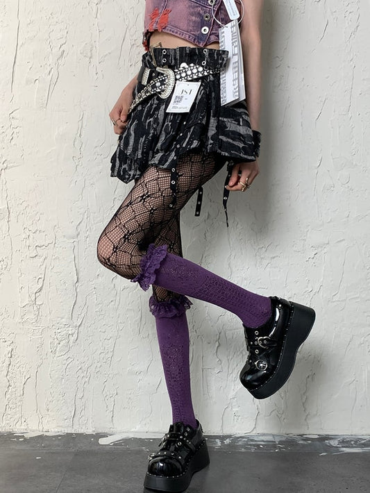 Y2K Unterknee-Strümpfe mit Bündchen und Rüschen Lila