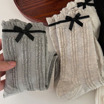 White/Beige/Light Grey/Dark Grey/Black Sweet Bowknot Ruffled Cuff Calf Socks