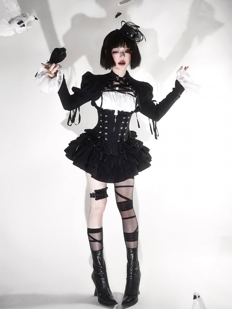 Lace-Up Boned Corset with Ruffle Details in Black - Moonveil Manuscript