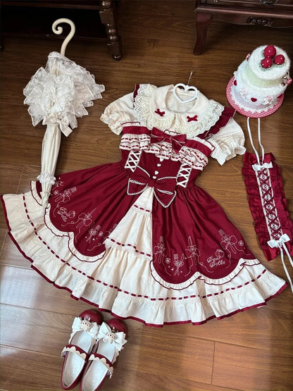 リボン結び ワインレッド ピーターパンカラー スイートベージュ フリル