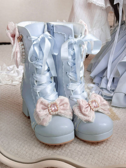 Blue Sweet Lolita Boots with Rhinestone Accents - Sheep Puff
