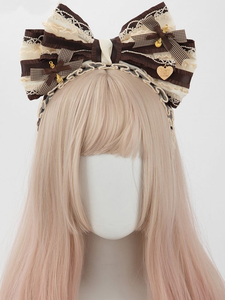 Plaid KC Brown Big Bowknot Sweet White Lace Lolita