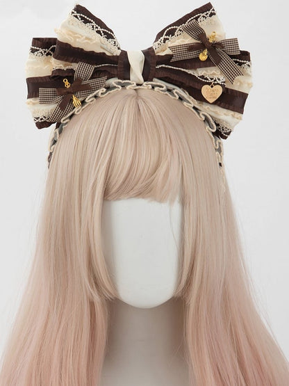 Plaid KC Brown Big Bowknot Sweet White Lace Lolita
