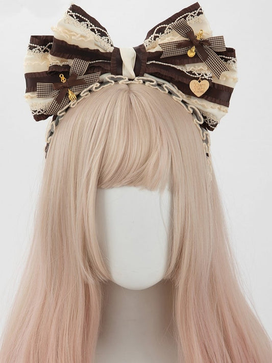 Plaid KC Brown Big Bowknot Sweet White Lace Lolita