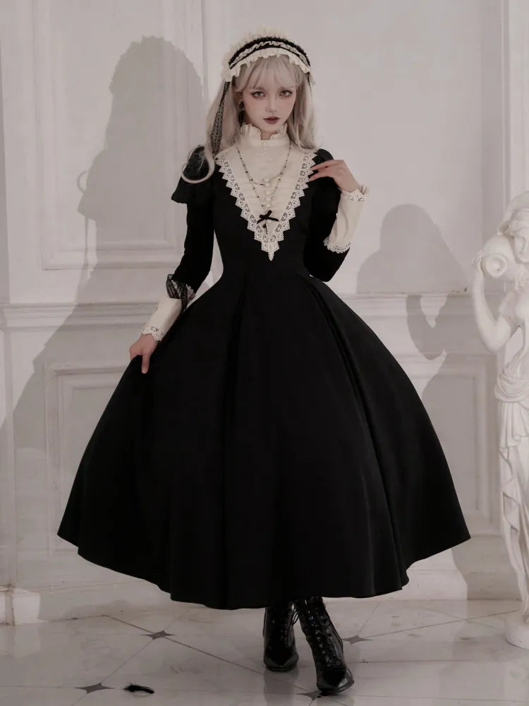 Elegant Black and Beige Ruffle Banded Collar Gothic Nun Lolita Dress Long Version