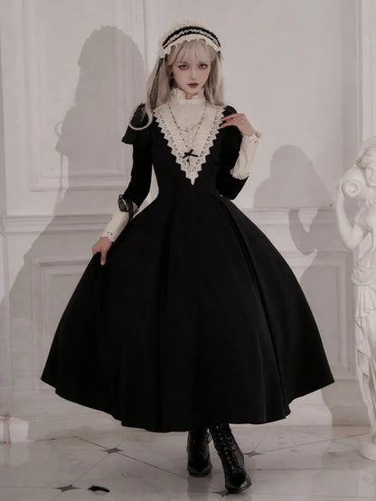 Elegant Black and Beige Ruffle Banded Collar Gothic Nun Lolita Dress Long Version