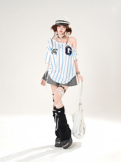 Asymmetrical Neckline Blokette Core White/Black Striped T-shirt