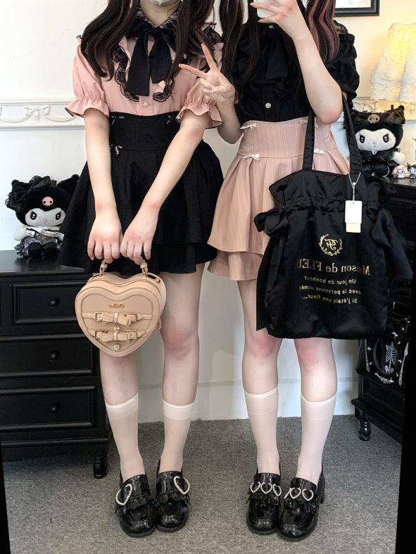 カットアウトショルダーレーストリムブラウスタイ（リボン付き） ジライケイ ブラック/レッド/ピンク/ホワイト