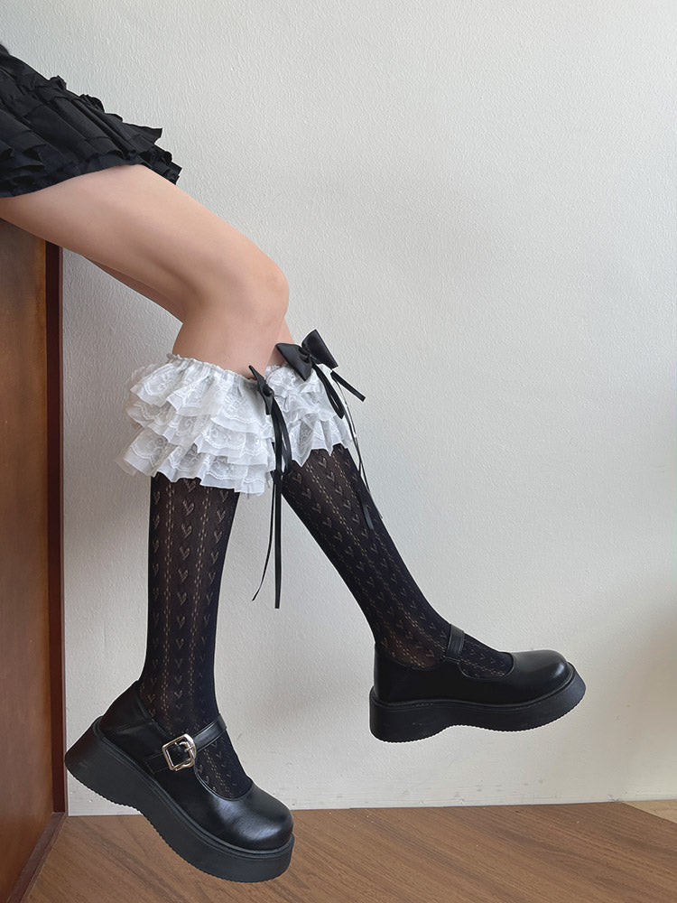 with Multi-Layered Socks Pattern Heart White/Black Bow Lolita Trim Lace Calf